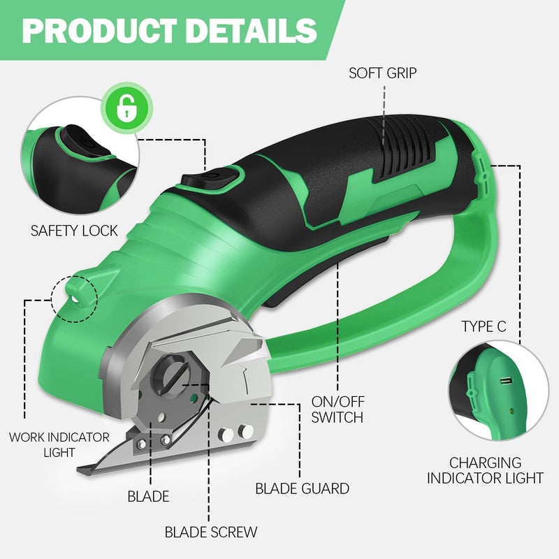 Pratuor Cordless Electric Scissors, 4V Box Cutter & Cardboard Cutter with Upgrade Blade, LED Light, Safety Lock - Rechargeable Rotary Cutter for Fabric, Leather, Plastic, Sewing, Industrial (Lime Green) - Image 5
